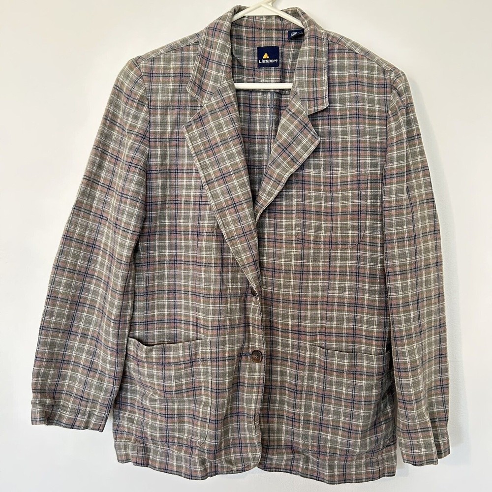 Women's Liz Sport Y2K 90s Blazer Size 6 Multi Linen Plaid Boxy Preppy Academia